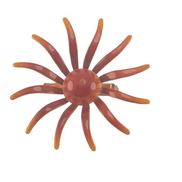 Vintage Orange and Red Enameled Flower Brooch 2 Inch 1960s - Picture 3 of 6